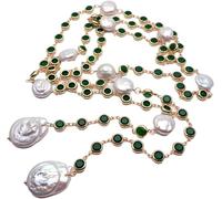 Long Green Rosary Necklace with Cultured White Pearl Keshi Pearls