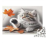 Long Haired Cat Jigsaw Puzzle for Adults 1000 Piece Jigsaw Puzzle Autumn Leaves Scene Focus Relaxation Home Decor Gift 38x26cm/1000pcs