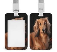 Long Haired Dachshund ID Badge Holder Waterproof Card Protector Push-Pull Slot Work ID Card Holder with Lanyard Personalized Detachable Card Holders for Office Corporate Use