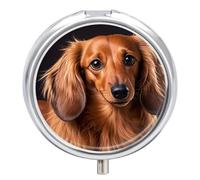 Long Haired Dachshund Metal Pill Organizer, 3 Compartment Waterproof Pill Case with Mirror for Purse Pocket Bag, Daily Medicine Vitamin Holder, Portable Travel Med Container(Round)