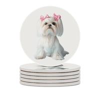 Long Haired Shih Tzu Cute Ceramic Coasters for Drinks Round Coaster Set with Cork Base Coffee Table Decor 6PCS