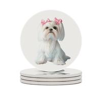 Long Haired Shih Tzu Cute Ceramic Coasters for Drinks Round Coaster Set with Cork Base Coffee Table Decor 4PCS