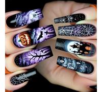 Long Halloween Ghostly Pumpkin False Nails With Spiders Web Design For Party Festive Light Fake Nails Halloween Press On Nail Purple Ballet