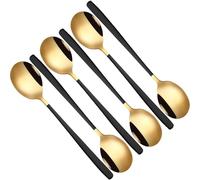 Long Handle Coffee Spoons, 6 Piece Set, 8 Inches, Black and Gold, Stainless Steel Teaspoons for Stirring Tea and Espresso