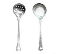 Long handle soup strainer spoon made from rust resistant stainless steel with fish scale design for effective broth straining in cooking (2pcs)
