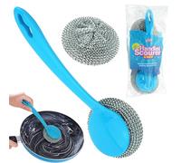 Long Handle Washing Up Scourer Set - Non-Scratch Wire Dish Brush with Refill Steel Scrub Pads for Pots Pans Grills - Stainless Steel Cleaning Scourers with Handle - 23cm