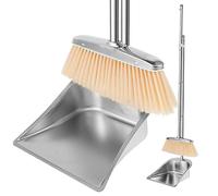 Long Handled Dustpan and Brush Set Stainless Steel Upright Broom and Dustpan Set with Adjustable Handle Heavy Duty Dust Pan and Brush Set Portable Sweeper and Dustpan Set for Home Office Dorm (Square)