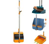 Long Handled Dustpan And Brush Sets, Long Handle Foldable Sweeper Set,Windproof Vertical Extension Pole, Swivelling Broom Set, for Cleaning Indoor, Garden, Home, Kitchen or Office Floors (Orange)