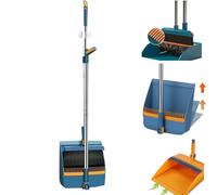 Long Handled Dustpan And Brush Sets, Long Handle Foldable Sweeper Set,Windproof Vertical Extension Pole, Swivelling Broom Set, for Cleaning Indoor, Garden, Home, Kitchen or Office Floors (Blue)
