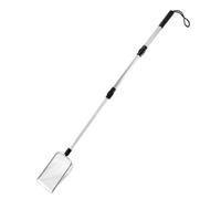 Long Handled Metal Pet Litter Scoop with Flat Rectangular Head | A slim segmented metal handle ends in a flat rectangular scoop head, with a curved grip at the top for reaching into