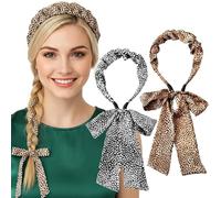 Long Head Wraps Bands-2PCS Scarf Ribbon Headband Leopard Print Scarf Satin Fabric Hair Bands Head Wrap Ribbon Accessories for Women Girls Thick Headband Set