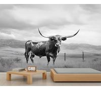 Long Horn Cow Mural Grassland Pasture Wallpaper Landscape Wall Mural Extra Large Panoramic Wallpaper Hotel Restaurant Lobby Custom Wall Paper (Non-self-Adhesive)