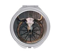 Long Horned Bull Skull and Old West Wagon Wheel Hanged Folding Make Up Mirror, Compact 2X/1X Magnification Mirror, Women Portable Travel Makeup Mirror 2.4 x 2.4 inch