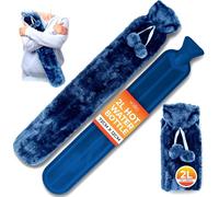 Long Hot Water Bottle for Back Ache and Pain Relief - 2L Soft Faux Fur Covered Hot Water Bottle with Blue Cover and 2 Hanging Pom Poms - 72cm Luxury, Soft and Washable Hot Water Bag (1 Pack)