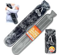 Long Hot Water Bottle for Back Ache and Pain Relief - 2L Soft Faux Fur Covered Hot Water Bottle with Grey Cover and 2 Hanging Pom Poms - 72cm Luxury, Soft and Washable Hot Water Bag (1 Pack)