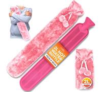 Long Hot Water Bottle for Back Ache and Pain Relief - 2L Soft Faux Fur Covered Hot Water Bottle with Pink Cover and 2 Hanging Pom Poms - 72cm Luxury, Soft and Washable Hot Water Bag (1 Pack)