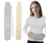 Long Hot Water Bottle with Cover, 1L Gray Rubber Hot Bottle with Soft Fluffy Cover, Removable and Washable Hand Pocket Warmer, Extra Long for Neck, Period Pain Relief, Gifts for Women, Seniors, Kids