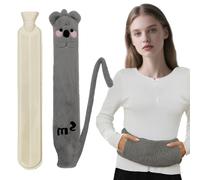 Long Hot Water Bottle with Cover, 2L Gray Cute Animal Rubber Hot Bottle with Fluffy Cover, Removable and Washable Hand Pocket Warmer, Long for Neck, Period Pain Relief, Gifts for Women, Seniors, Kids