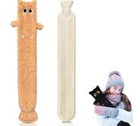 Long Hot Water Bottle with Cover UK, 2L Large Cat Hot Water Bottles with Warmer Soft Fleece, Extra Long Rubber Hot Water Bottle, Winter Warm Water Bag, Neck Shoulder (Orange)