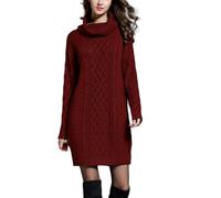 Long Jumper Dress for Women, Turtleneck Long Sleeve Cable Knit Sweater Winter Casual Smart Textured Everyday Cuddly Comfy Soft Knitwear Sweatshirt,Wine Red,XL
