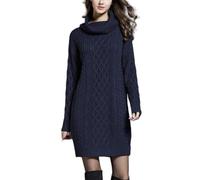 Long Jumper Dress for Women, Turtleneck Long Sleeve Cable Knit Sweater Winter Casual Smart Textured Everyday Cuddly Comfy Soft Knitwear Sweatshirt,Dark Blue,XL