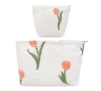 Long Keeper 2 Pcs Makeup Bag Large Cosmetic Bag Floral Small Cosmetic Pouch Beauty Bag Embroidery Craft Makeup Bags Travel Toiletry Bags for Women Girls (Tulip Set)