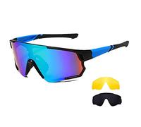Long Keeper Cycling Glasses with 3 Interchangeable Lenses Polarised Sport Sunglasses Anti-UV400 Windproof Cycling MTB Goggles for Men Women (Black Blue Arm-Green+Grey+Yellow)