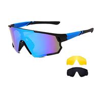 Long Keeper Cycling Glasses with 3 Interchangeable Lenses Polarised Sport Sunglasses Anti-UV400 Windproof Cycling MTB Goggles for Men Women (Black Blue Arm-Blue+Grey+Yellow)