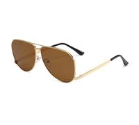 Long Keeper Metal Pilot Sunglasses Women Men Retro 70s Oversized Square Sunglasses Vintage Classic Double Bridge Sun Glasses UV400 Protection (Gold Brown)