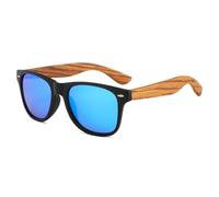 Long Keeper Retro 80s Wooden Sunglasses for Men Women Classic Black Sunglasses Matte Frame Wood Arm Rimmed Sun Glasses UV400 Unisex Mirrored Dark Shades (Black Frame - Blue Mirrored Lens)