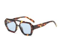 Long Keeper Retro Pilot 70s Sunglasses for Women Men square Thick Frame Trendy Hexagonal Double Bridge Sun Glasses (Leopard Light Blue)