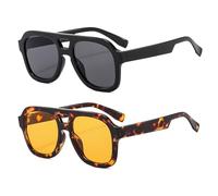 Long Keeper Retro Pilot Sunglasses for Men Women Double Bridge Aviation Square Sunglasses 70s Fashion Classic Sun Glasses Vintage Shades UV400 Protection ((2 Pack) Black/Grey + Leopard/Orange)