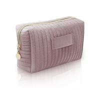 Long Keeper Velvet Cosmetic Bag for Women Quilted Makeup Bag Travel Portable Skincare Make Up Pouch Large Toiletry Organiser Pouch (Light Pink)
