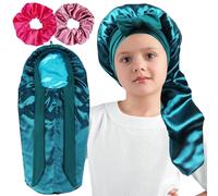 Long Kids Bonnets for Girls,Double Layer Satin Bonnet for Sleeping Kid,Bonnet for Girl Braids Long Hair Teal