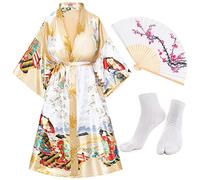 Long Kimono Satin Printed Lightweight Cardigan Jacket Coat Yukata Cloak Bathrobe Tops fans Tabi socks Hairpin set, Yellow, Small