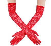 Long Lace Gloves Floral Elbow Red Gloves for Women Wedding Party 1920s Lace Opera Glove for Dinner Parties Wedding Bridal Dance Cosplay Halloween(red)