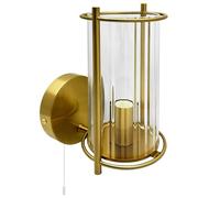 Long Life Lamp Company Antique Brass Wall Light with Ribbed Clear Glass Shade, Pull Cord, Industrial Style Sconce BW19