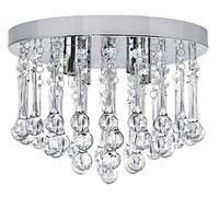 Long Life Lamp Company Chandelier Ceiling Light Round Modern Flush Mount Crystal Droplets Chrome Base M0114F with 4 LED Bulbs
