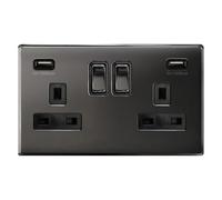 Long Life Lamps Company Black Nickel Usb Double Wall Plug Socket With 2 Usb Charger Port Screwless 2 Gang 13A N776Gme