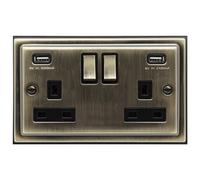 Long Life Lamps Company Brush Antique Brass Usb Double Wall Plug Socket 2 Gang 13A With 2 Usb Charger Port Be776Kme