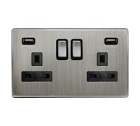 Long Life Lamps Company Brush Chrome Usb Double Socket 2 Gang 13A With 2 Usb Charger Port Screwless N776Dme