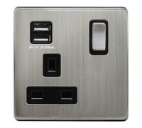 Long Life Lamps Company Brushed Chrome 1 Gang Usb Switch Socket 13A Twin Port Single Plug Wall Outlet Screwless N501Dme