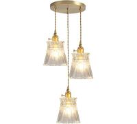 Long Linear Crystal Cluster Pendant Dining Room Light Single Vintage Ribbed Glass Hanging Lamp Nordic Gold Round Chandelier for Kitchen Island Sink Restaurant Foyer Farmhouse Loft