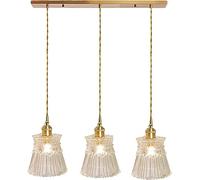 Long Linear Crystal Cluster Pendant Dining Room Light Single Vintage Ribbed Glass Hanging Lamp Nordic Gold Round Chandelier for Kitchen Island Sink Restaurant Foyer Farmhouse Loft