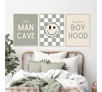 Long Live Boyhood Wall Art Nursery Baby Boys Canvas Wall Art Decor Preppy Retro Poster Prints Kids Little Man Cave Pictures Sage Green Artwork for Room Bedroom Set of 3 12x16 Inch Unframed
