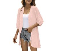 Long Loose Cardigan Three Quarter Sleeve Open Front Lightweight Dots Cardigan Draped Ruffles Cardigan Work Cardigan Women Pink