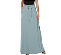 Long Maxi Skirt for Women UK Solid Elastic Waist Casual Party Drawstring Elasticated Stretch Full Length Pocket Comfortable Bodycon Ankle Length Light Blue