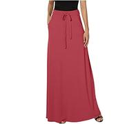 Long Maxi Skirts for Women UK Solid Elastic Waist Casual Skirt Party Skirts Drawstring Elasticated Waist Stretch Full Length Skirt Pocket Comfortable Bodycon Skirts Ankle Length Skirts