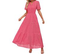 Long Midi A-Line Dress for Women Loose Ruched Fit Women's 2025 Summer Short Sleeve Maxi Dress Casual V Neck Hollow Out Eyelet Ruffle Swing A Line Long Dresses Western Winter Dresses for (Hot Pink, M)