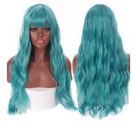 Long Mix Purple Womens Wigs With Bangs Heat Resistant Synthetic Kinky Curly Pink Green Wigs(Green)